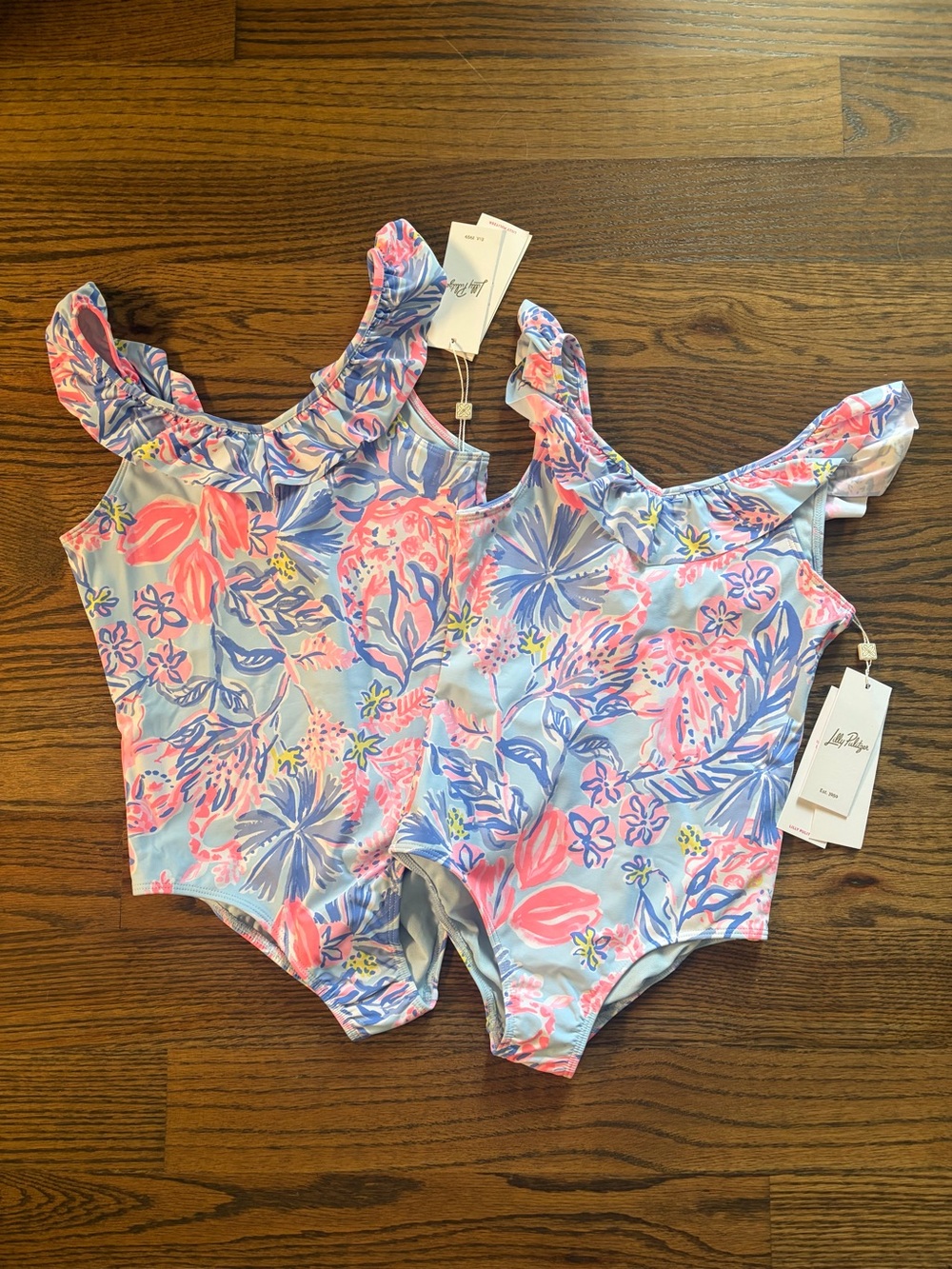 Lilly Pulitzer Pink & Blue Floral Ruffle One-Piece Swim Suit